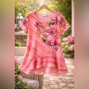 🌷Time and Tru Romantic Floral Sparkle Top L (10–12) Double Asymmetrical Hem